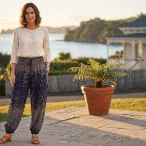 sigle lady wearing blue tic tic trouser